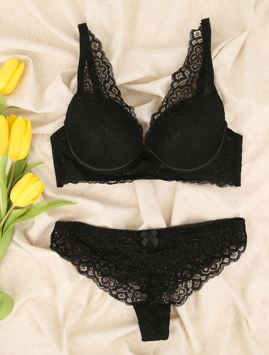 Ensemble en dentelle à motifs fleuris - Noir - 4