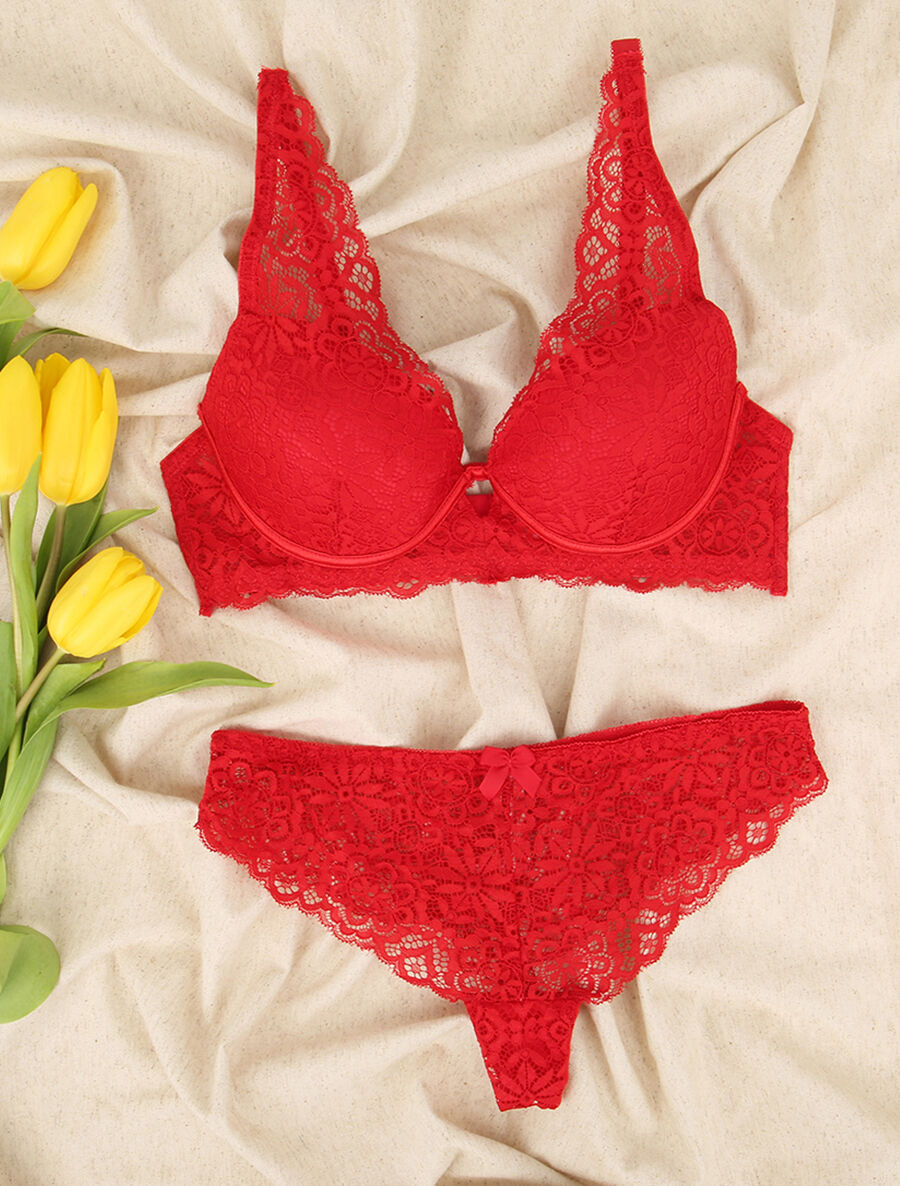 Ensemble en dentelle à motifs fleuris - Rouge - 4