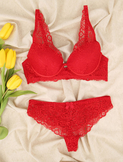 Ensemble en dentelle à motifs fleuris - Rouge - 4