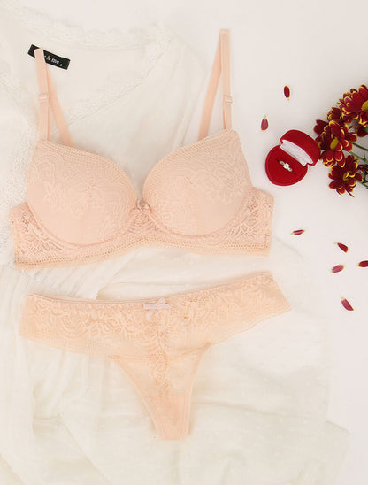 Ensemble en dentelle fleurie et détail noeud - Beige - 1