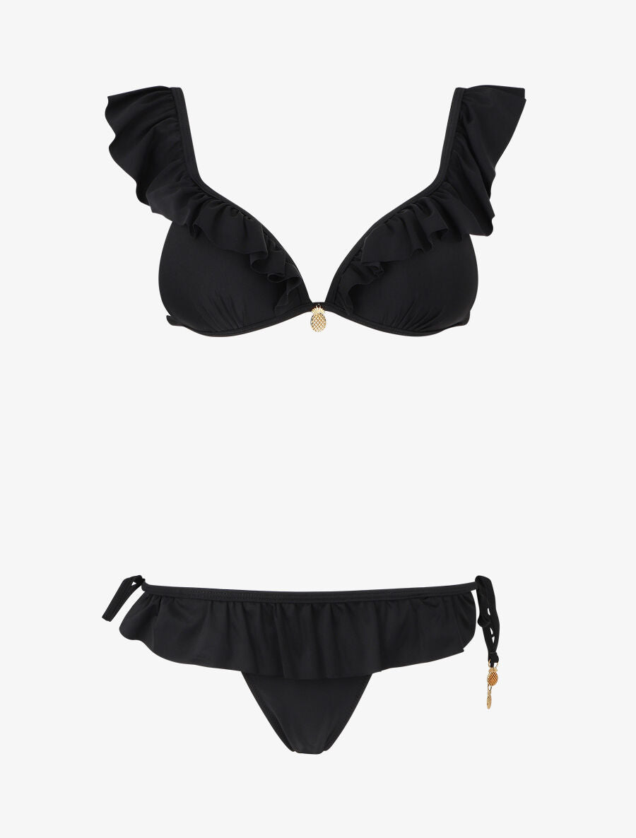 Bikini volanté à détail bijoux ananas - Noir - 4