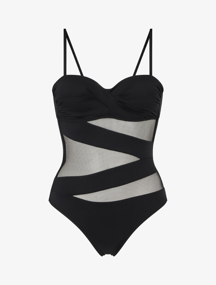 Maillot de bain à empiècements en tulle - Noir - 1