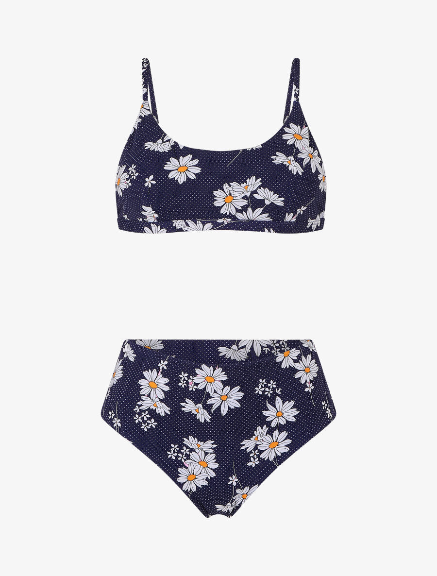Bikini à imprimé pâquerettes et chouchou - Marine - 1