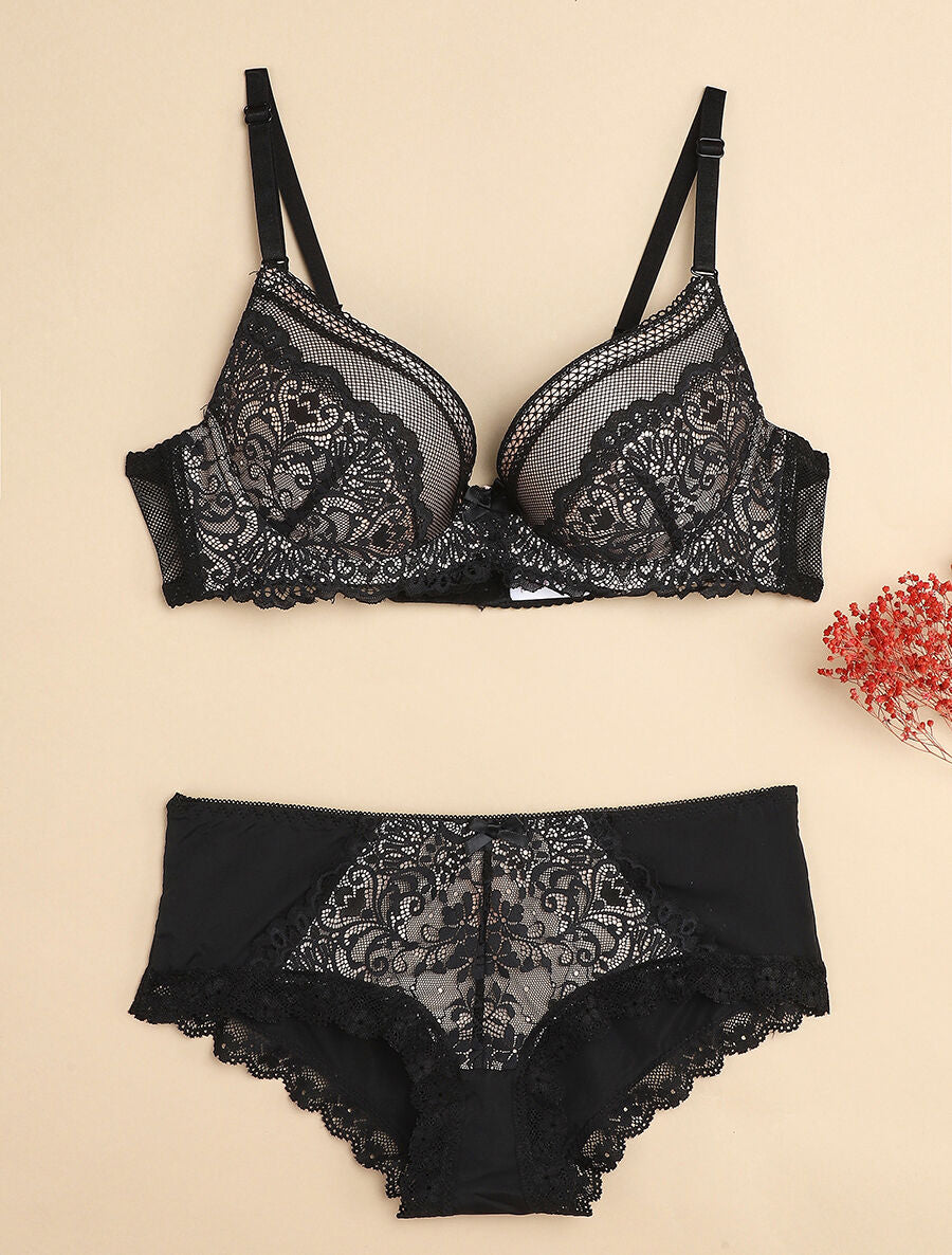 Ensemble à fine broderie festonnée et shorty - Noir/nude - 1