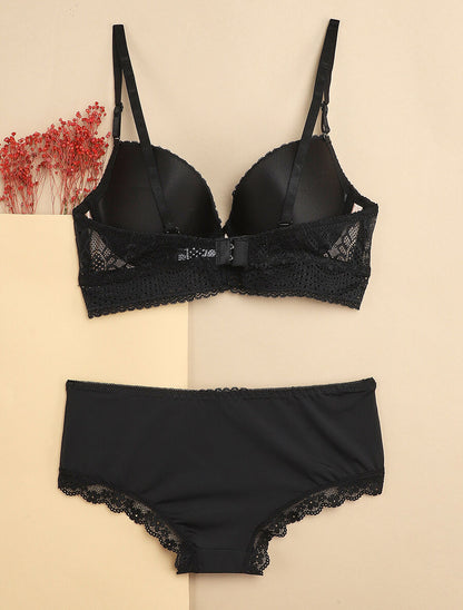 Ensemble à bord large en dentelle piquetée et shorty - Noir/nude - 2