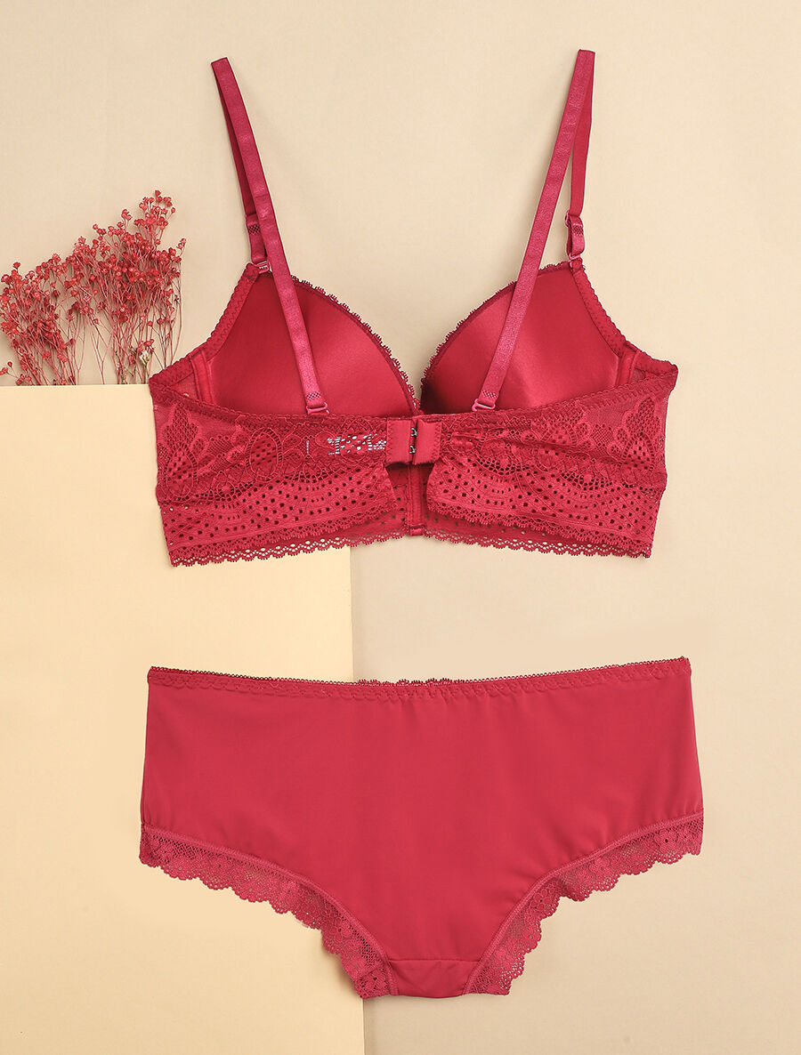 Ensemble à bord large en dentelle piquetée et shorty - Prune - 2