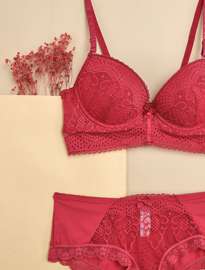 Ensemble à bord large en dentelle piquetée et shorty - Prune - 3