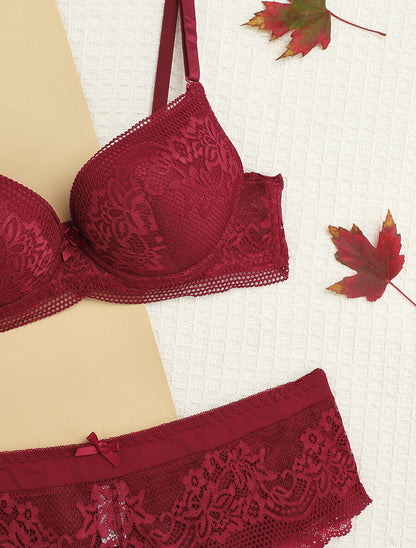 Ensemble push-up à broderie fleurie et shorty - Prune - 3