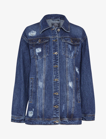 Veste en jean oversize délavée et griffée - Bleu denim - 3