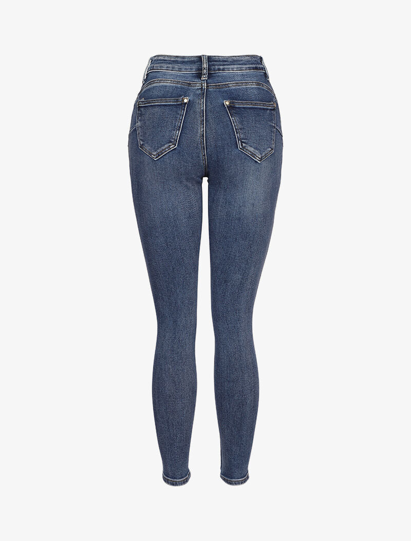Jeans skinny à coutures contrastantes sur les poches arrières - Bleu denim - 2