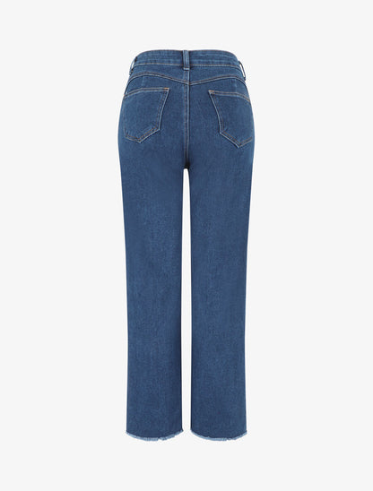 Jean ample taille haute bords effilochés - Bleu - 2