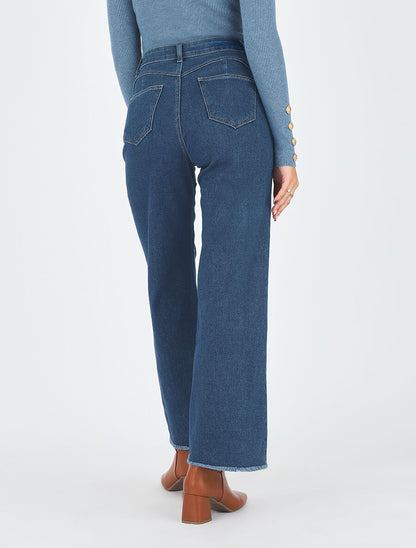 Jean ample taille haute bords effilochés - Bleu - 5