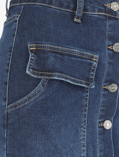 Jupe en jean mi-longue droite à poches - Bleu - 3