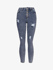 Jean skinny boutonné à taille haute et déchirures - Bleu - 1