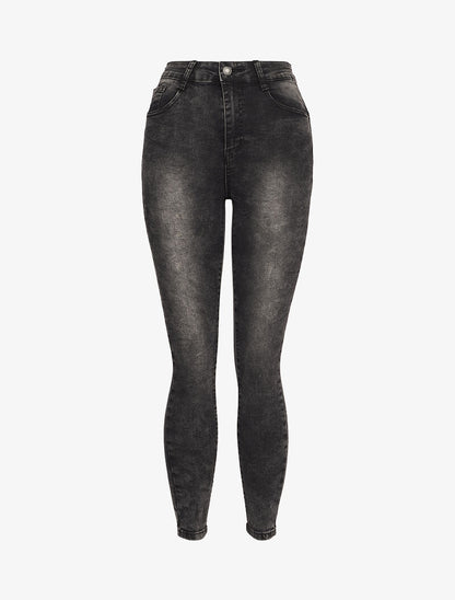 Jean skinny taille haute et délavé - Gris foncé - 4