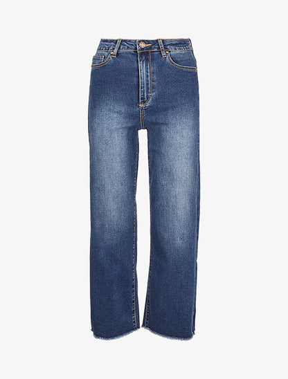 Jean droit 7/8 à bords effilochés - Bleu denim - 3