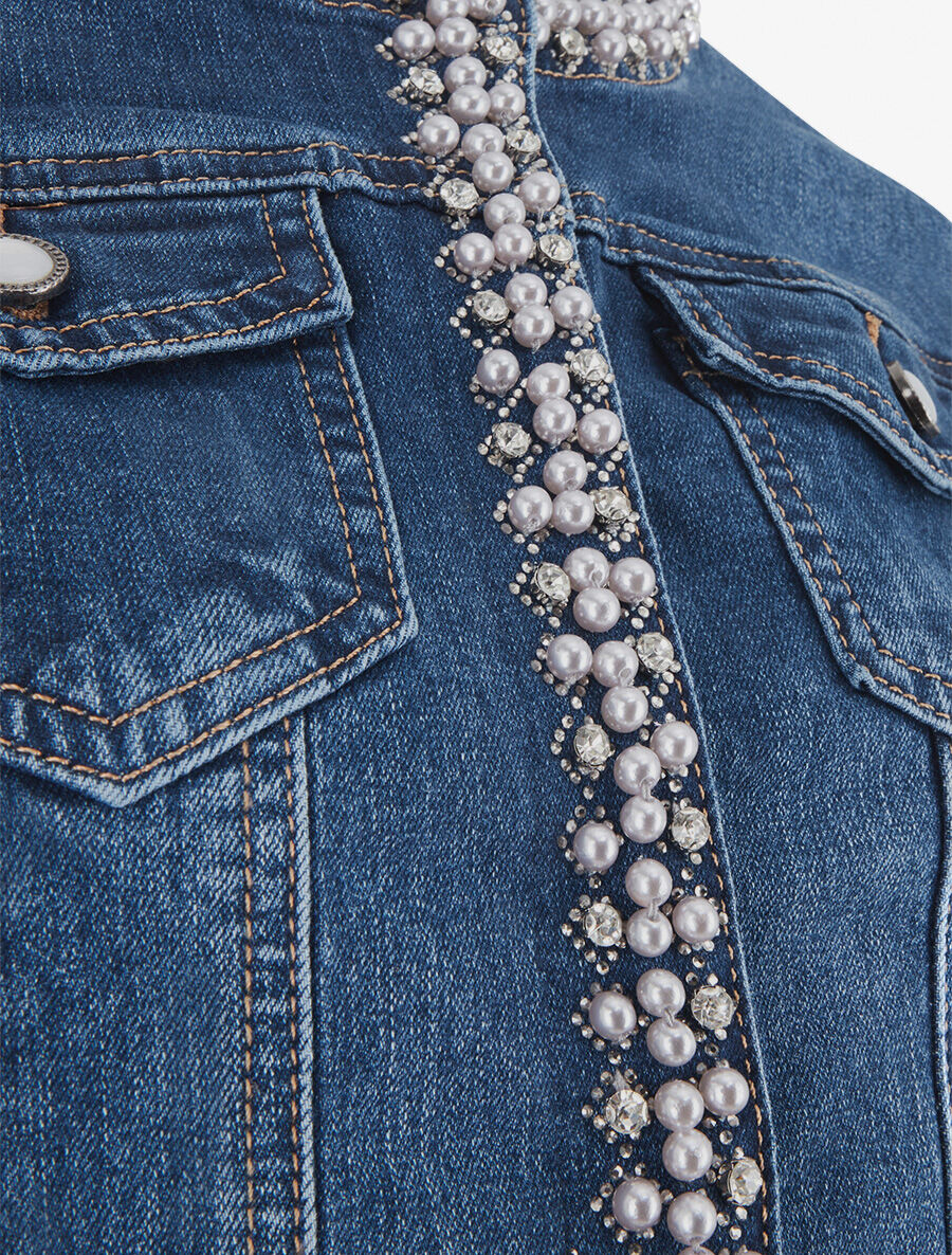 Veste en jean orné de perles et de strass - Bleu - 3