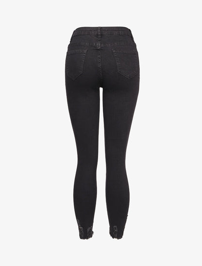 Jean skinny 7/8 à bords coupe franche griffés - Noir - 2