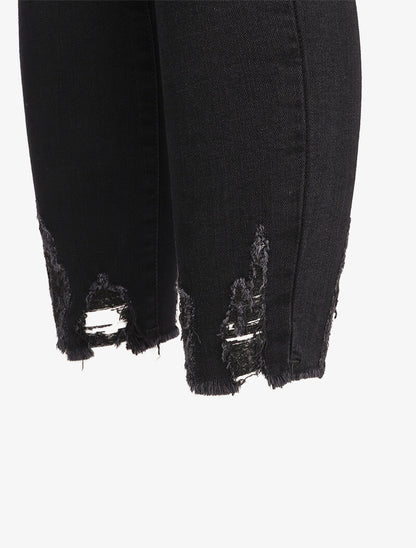 Jean skinny 7/8 à bords coupe franche griffés - Noir - 3