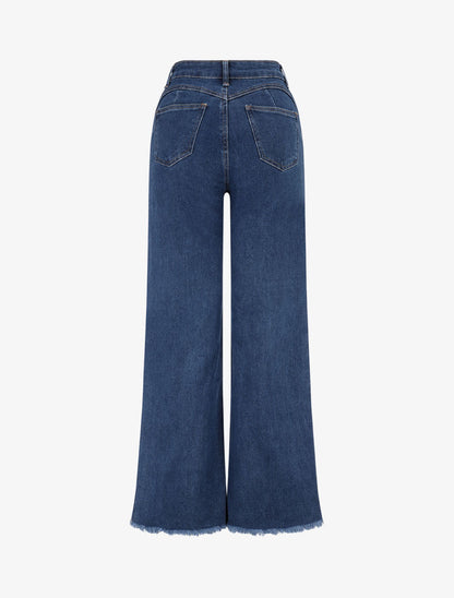 Jean droit taille haute à bords effilochés - Denim - 2