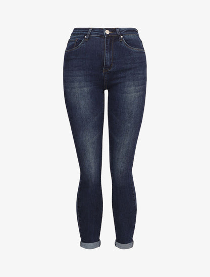 Jean skinny délavé à ourlet à retrousser - Bleu foncé - 1