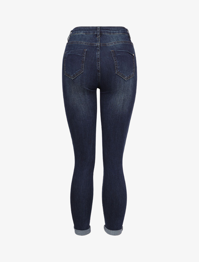 Jean skinny délavé à ourlet à retrousser - Bleu foncé - 2