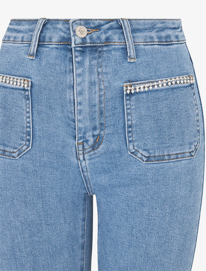 Jean à strass et bords effilochés coupe droite - Bleu - 3