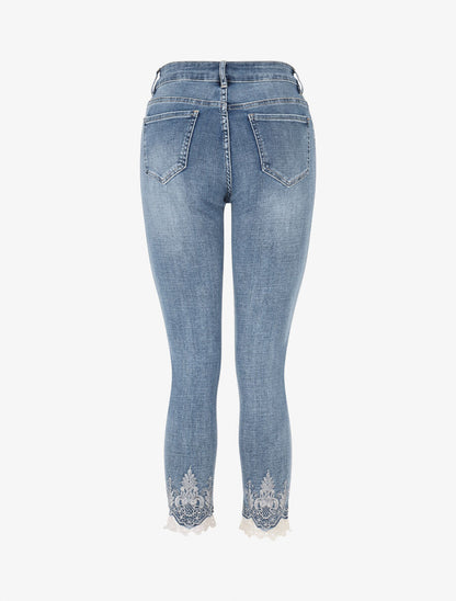 Jean slim taille haute bords à dentelle et strass - Bleu - 2