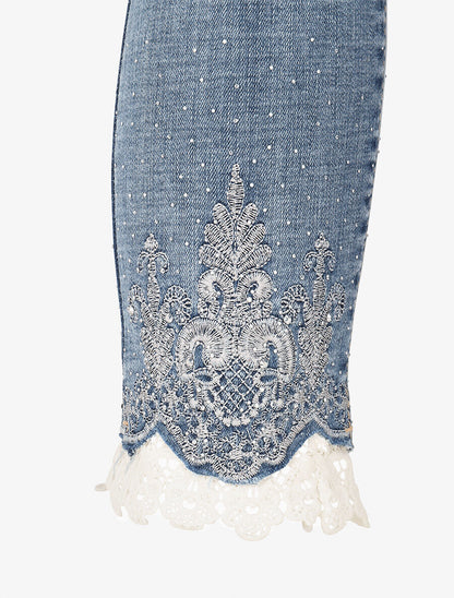 Jean slim taille haute bords à dentelle et strass - Bleu - 3