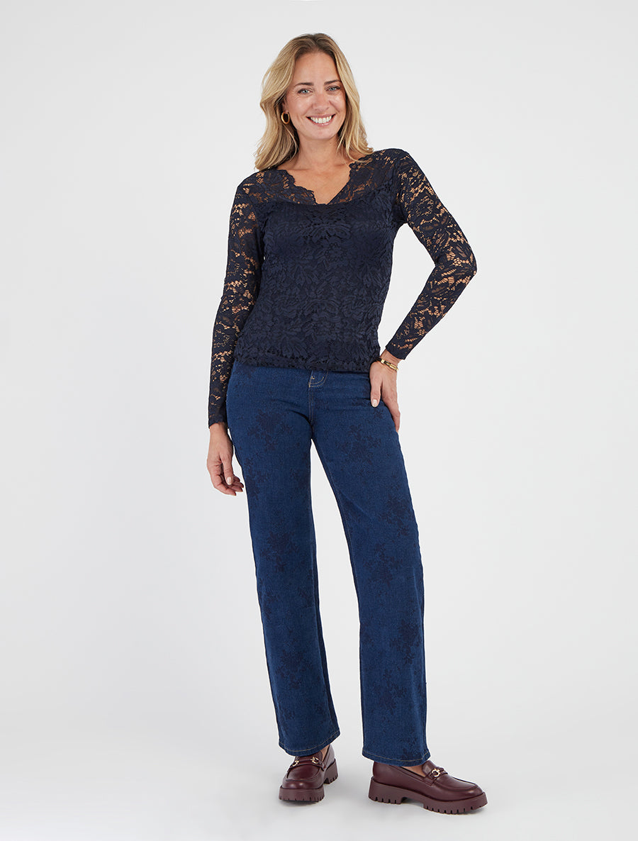 Standaard taille jeans met bloemenmotief - Ongerept blauw