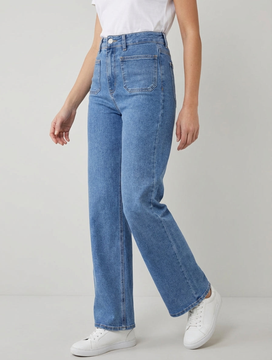 Jean met wijde pijpen en opgestikte zakken - Blauw