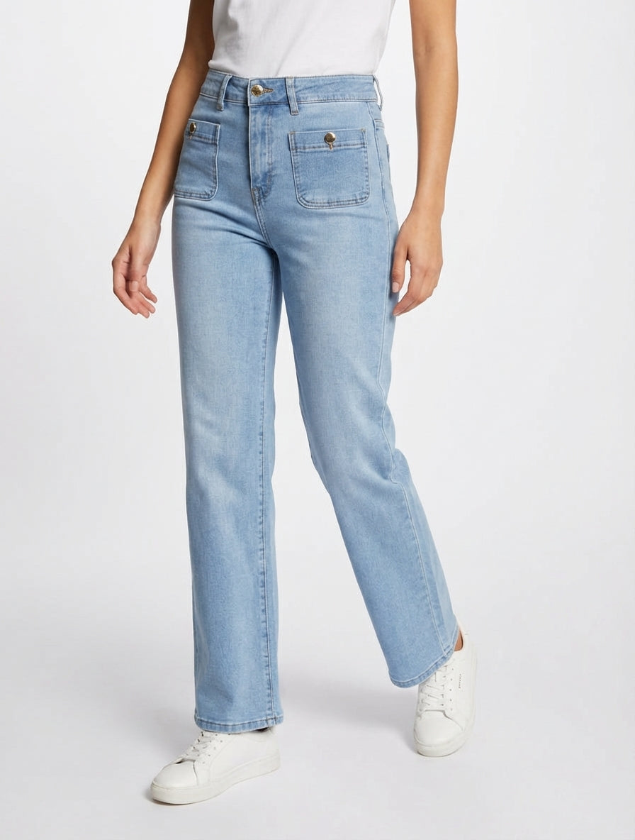 Jean met decoratieve knoopjes en rechte snit - Blauw