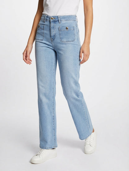 Jean met decoratieve knoopjes en rechte snit - Blauw