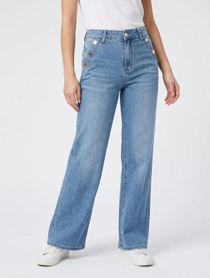 Jean met wijde pijpen en decoratieve knopen, rechte snit - Blauw