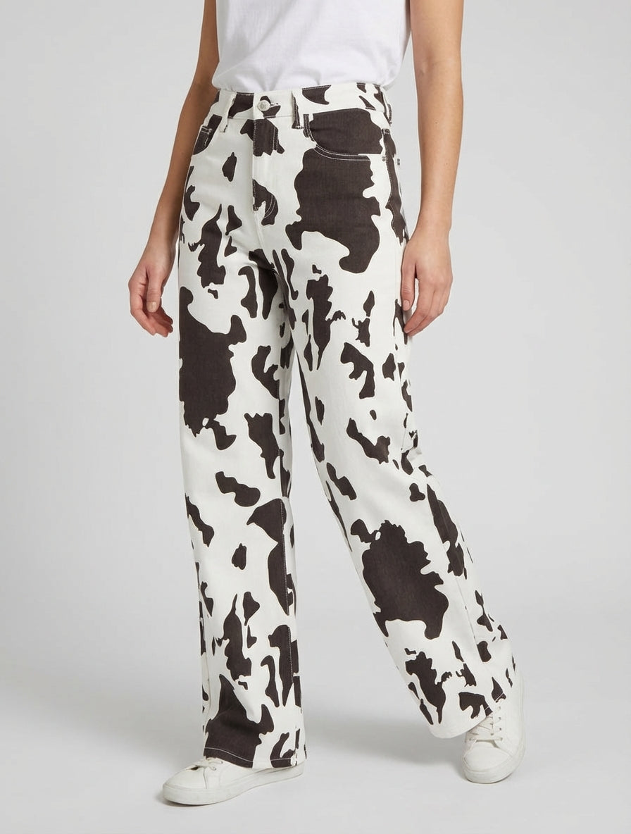 Jean met wijde pijpen en koeienprint - Bruin