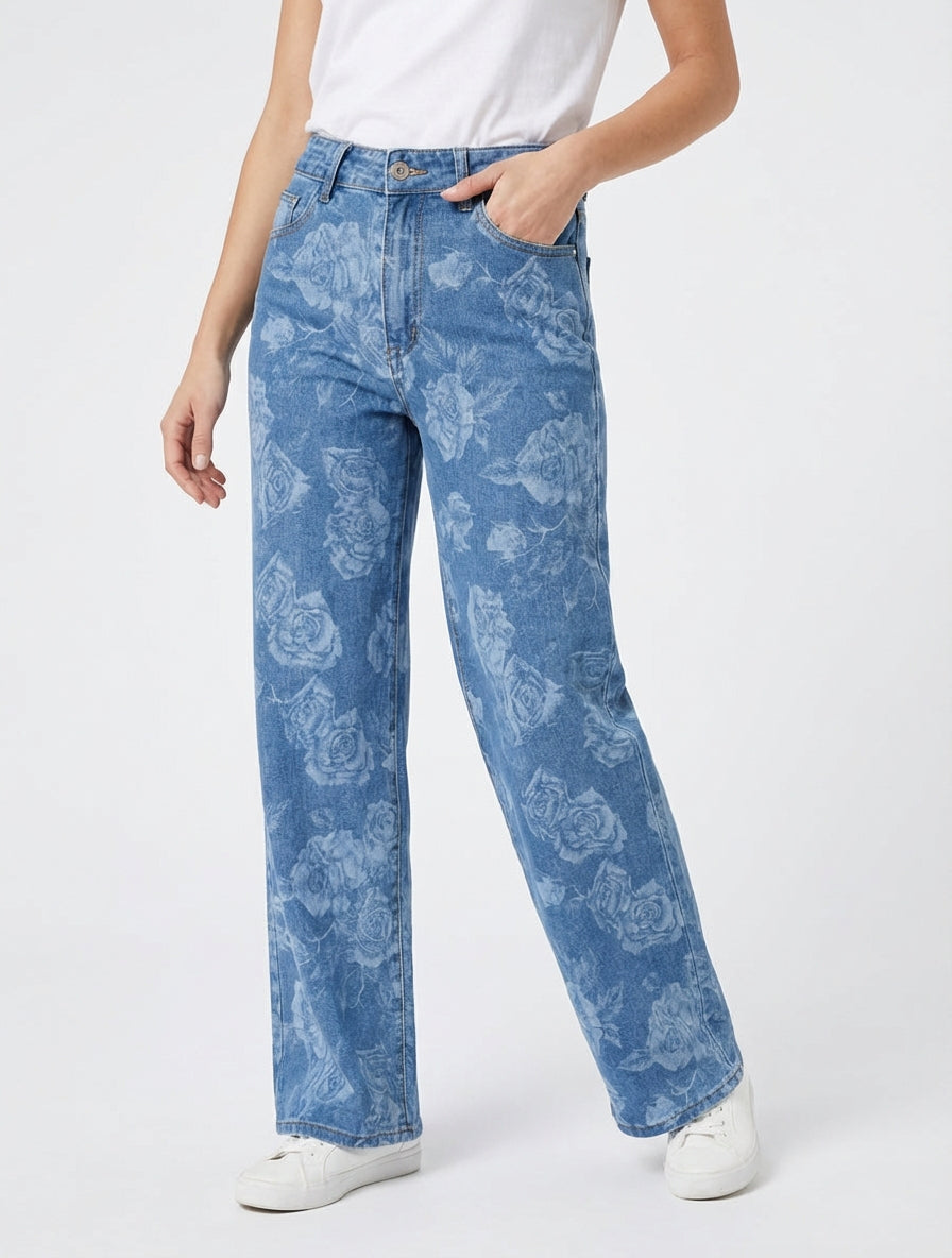 Jean met rechte pijpen en rozenprint - Blauw