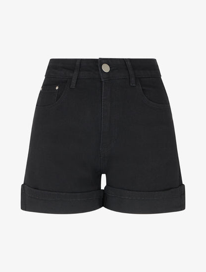 Short uni en jean à revers - Noir - 1