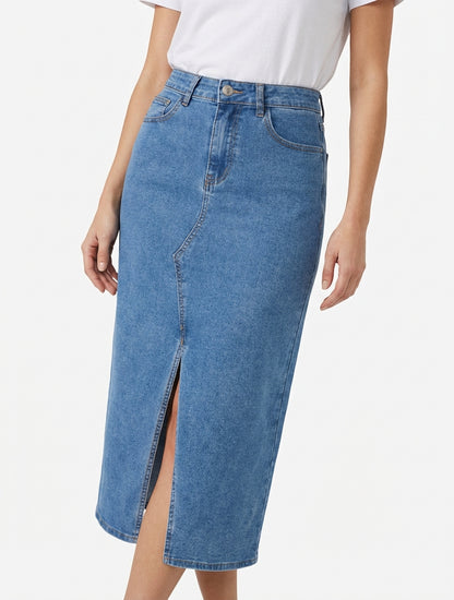 Jeansrok met split aan de voorkant - Blauw