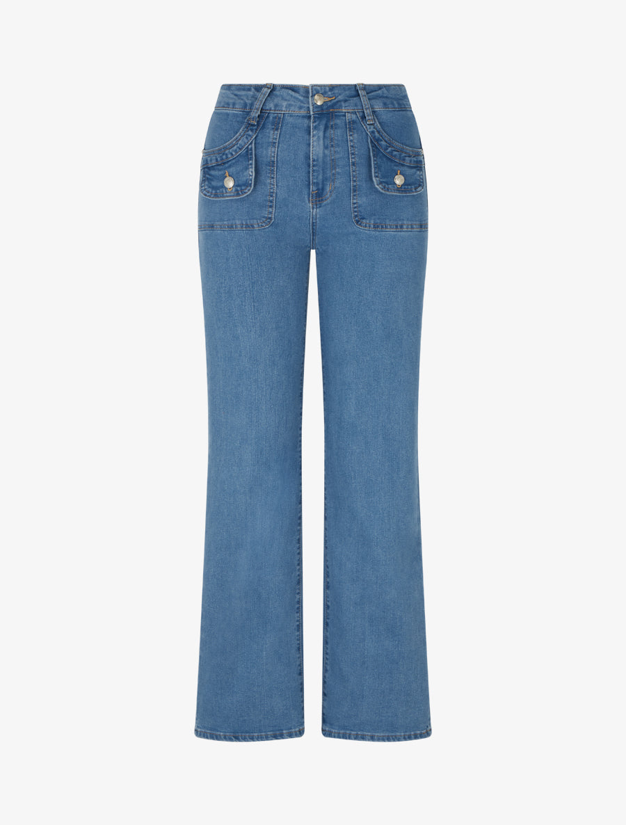 Jean wide leg à poches décoratives coupe droite - Bleu - 1