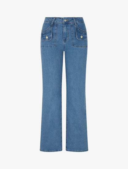 Jean wide leg à poches décoratives coupe droite - Bleu - 1