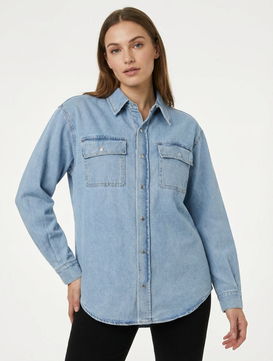 Recht denim overhemd met lange mouwen - Blauw