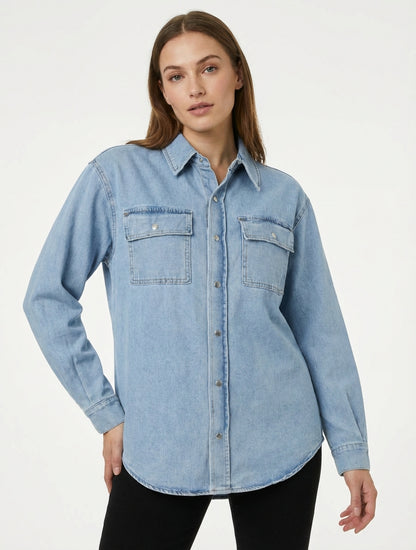 Recht denim overhemd met lange mouwen - Blauw
