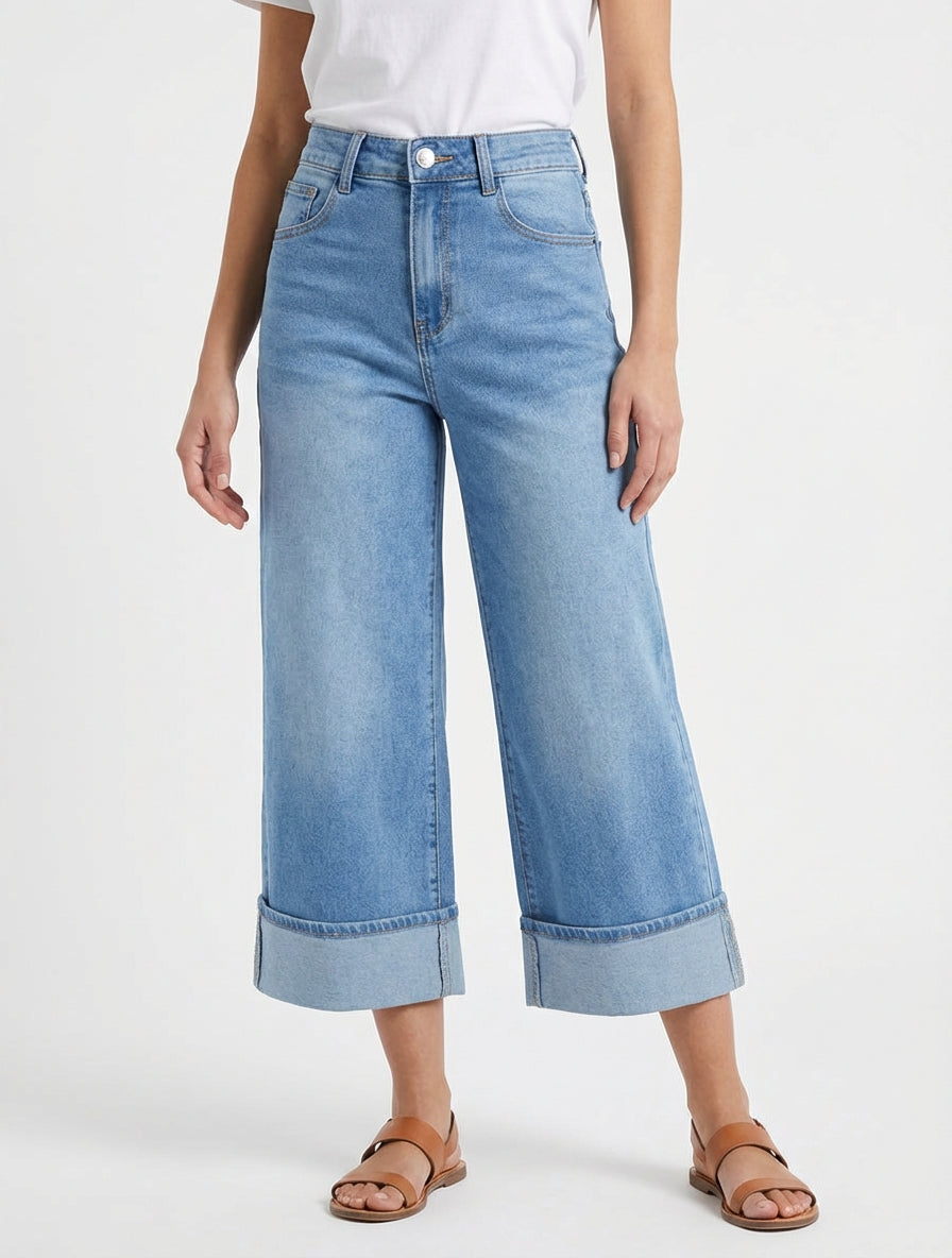 Ruime Bermuda met omslag - Blauw