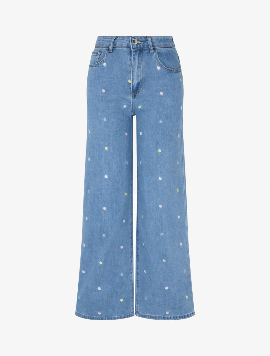 Jean ample à broderies motif fleurs - Bleu - 1