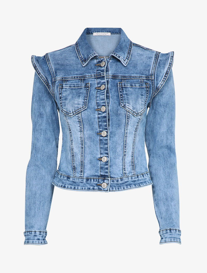 Veste en jean à épaules avec empiècements - Bleu denim clair - 1