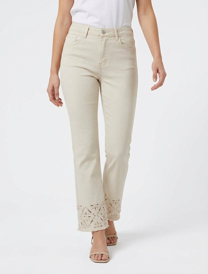 Jean met geborduurde randen. - Beige