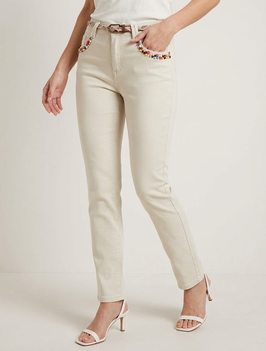 Jeans met fantasieparels en riem - Beige