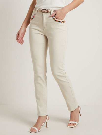 Jeans met fantasieparels en riem - Beige