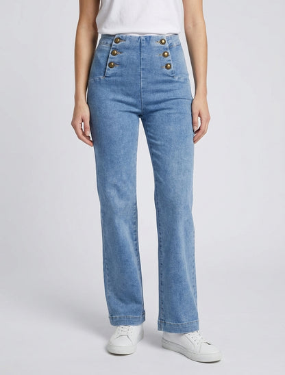 Jean met rechte pijpen en knopen. - Blauw