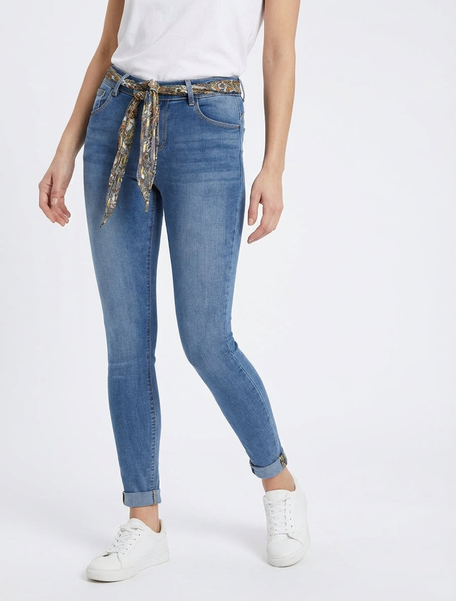 Skinny jeans met fantasiezoom en riem - Blauw